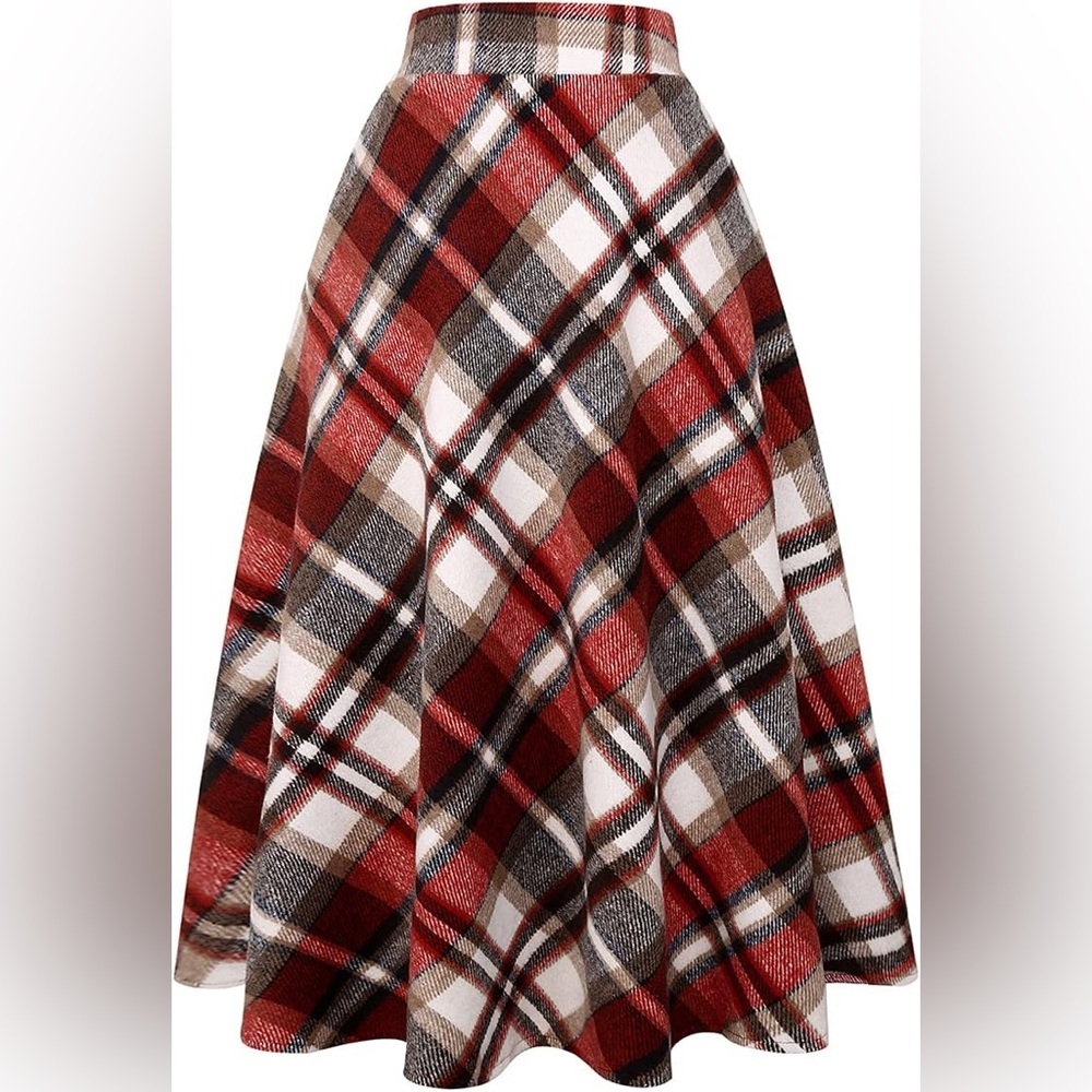 Womens Long Wool Plaid Tartan Aline High Waisted Winter Skirt Small Wine Red